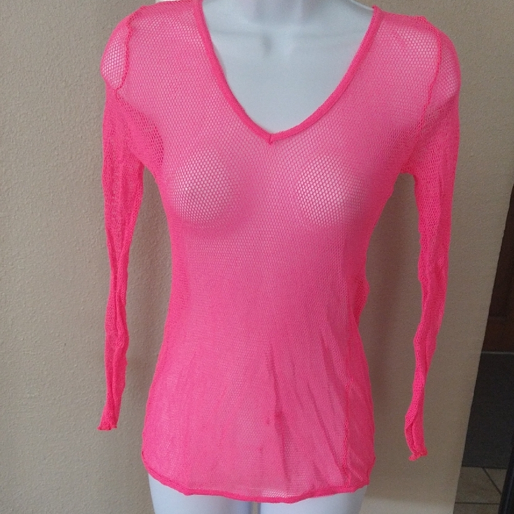 Fitted Pink Long Sleeve Mesh Top Perfect For Neon Parties